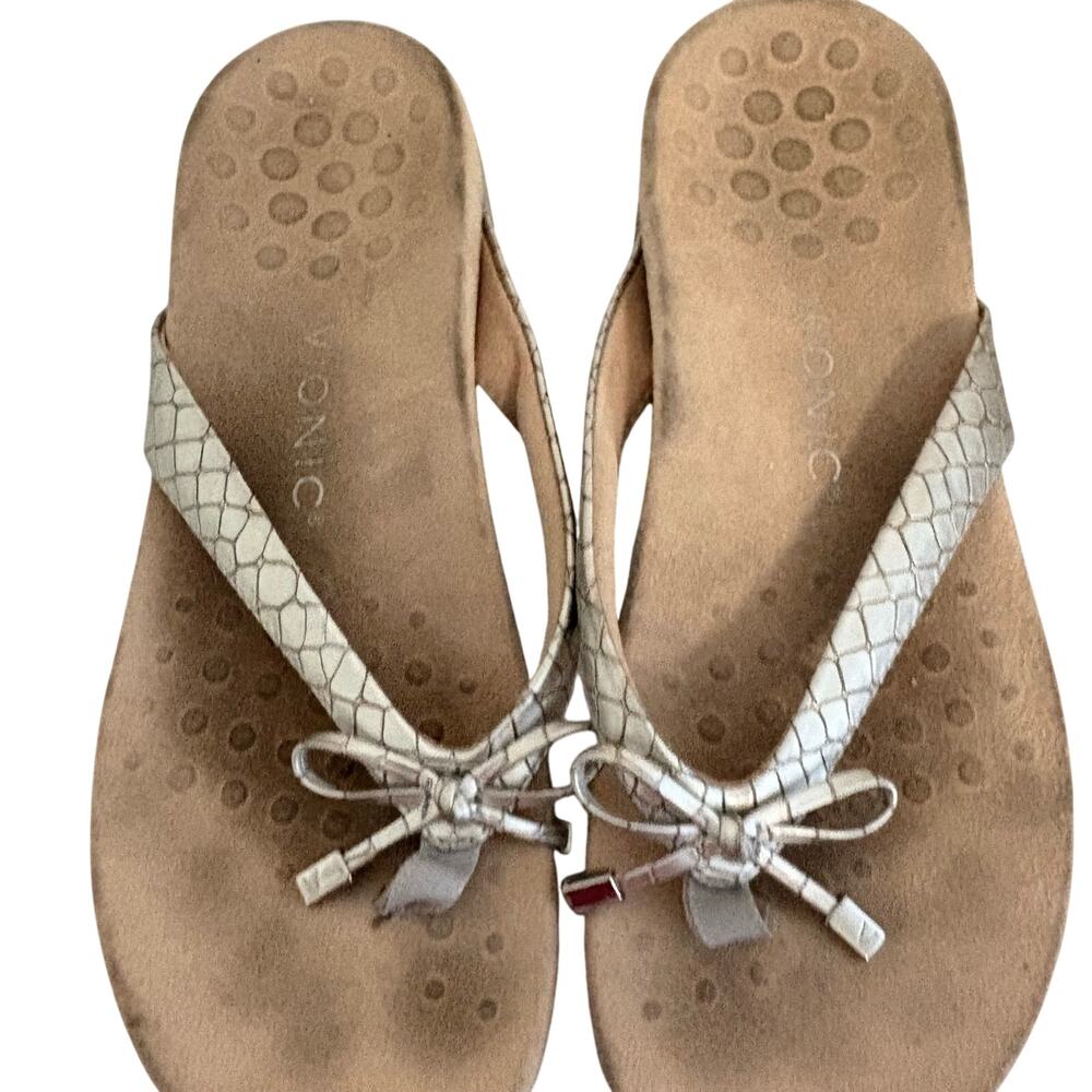 VIONIC Bella Bow Silver Croc Faux Leather Boho Thong Sandals Flip Flops Comfort